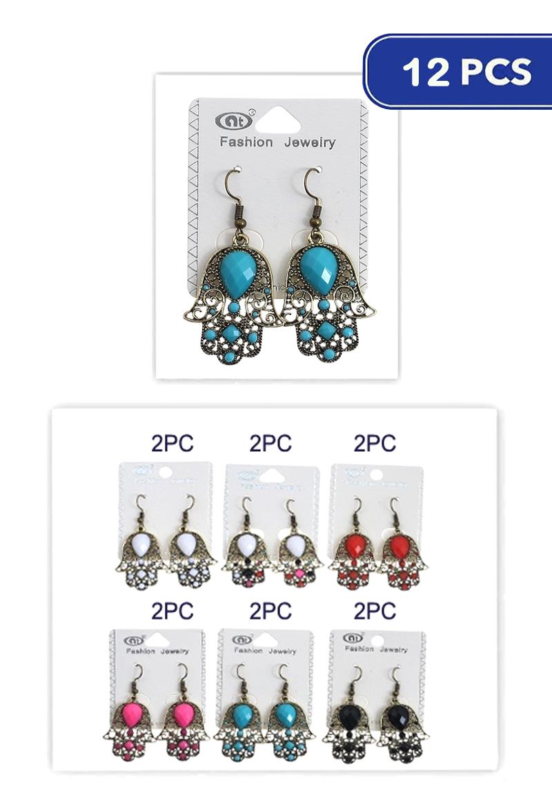 FASHION HAMSA HAND COLOR TEAR CRYSTAL HOOK EARRING 12 UNITS