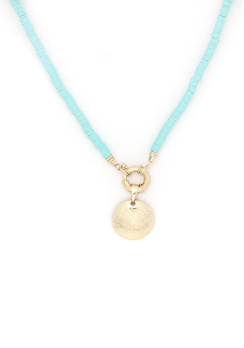 METAL CIRCLE PENDANT RUBBER BEAD NECKLACE