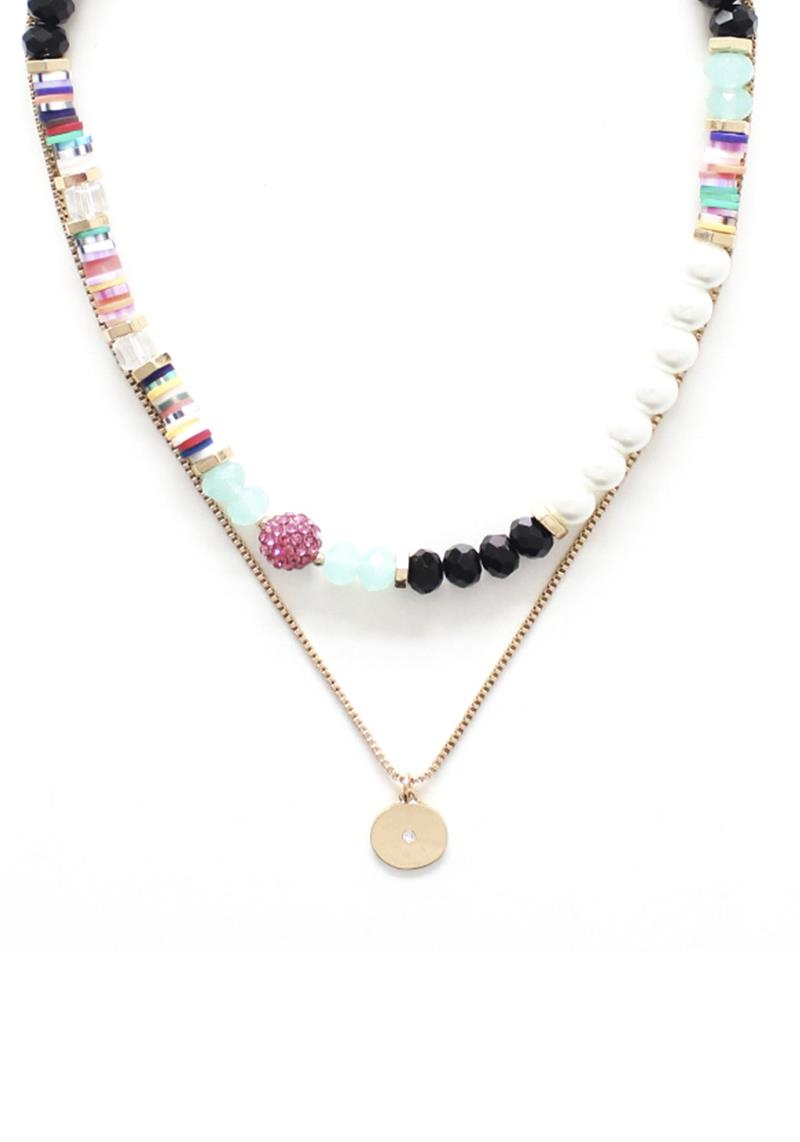 2 LAYERED RUBBER DISC RHINESTONE CRYSTAL BALL BEAD PENDANT NECKLACE