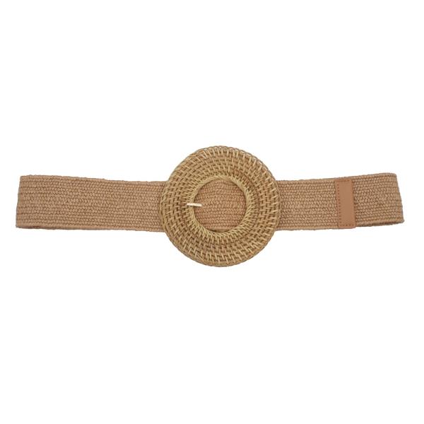 LARGE BASKET WEAVE CIRCLE BUCKLE STRETCH STRAW BELT