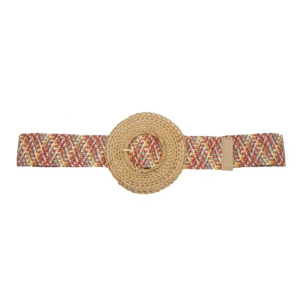 LARGE BASKET WEAVE CIRCLE BUCKLE STRETCH STRAW BELT
