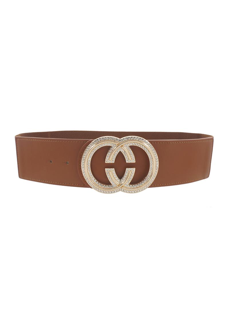 PLUS INVERTED C BUCKLE WITH RHINESTONE PAVE TRIM ELASTIC BELT