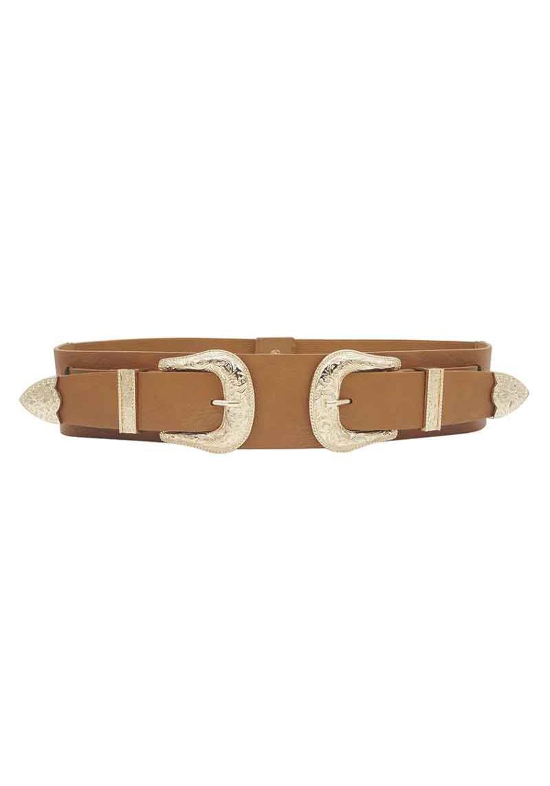 FAUX DOUBLE BUCKLE ELASTIC WESTERN BELT