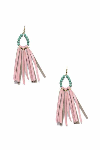 GENUINE LEATHER BEAD TEARDROP TASSEL DANGLE EARRING