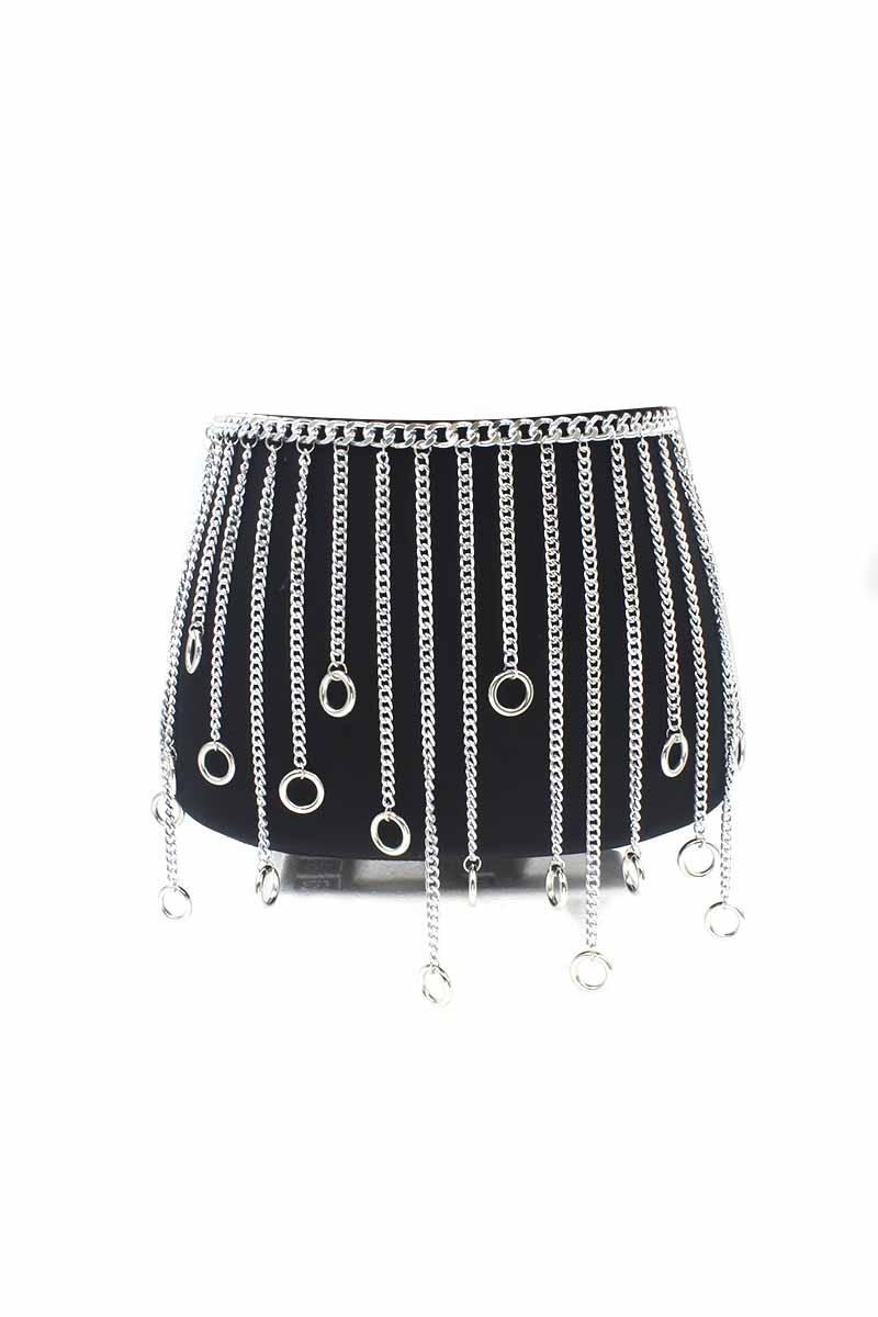 CHAIN FRINGE SKIRT WITH O RING DETAIL BELT