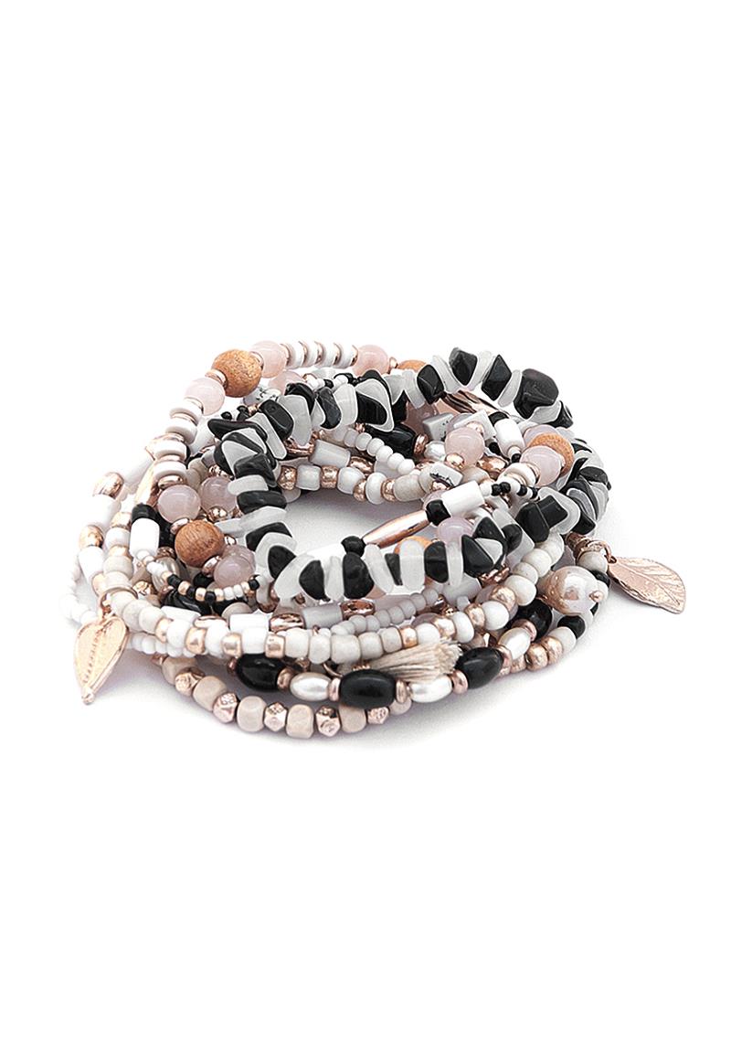 FASHION MULTI TONE BEAD METAL LEAF TASSEL BRACELET SET