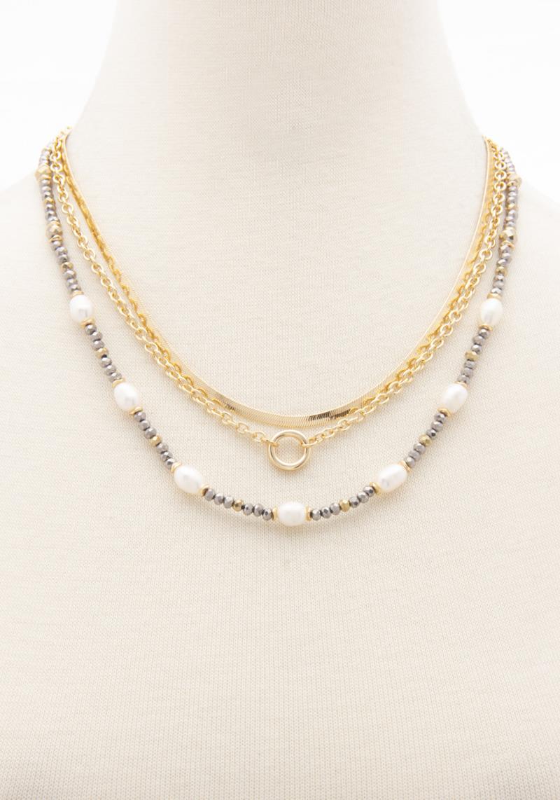 SEED PEARL BEAD 3 LAYERED METAL CHAIN NECKLACE