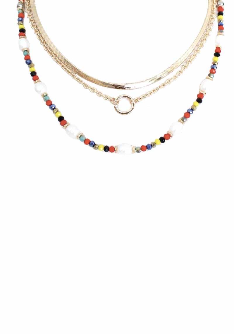 SEED PEARL BEAD 3 LAYERED METAL CHAIN NECKLACE
