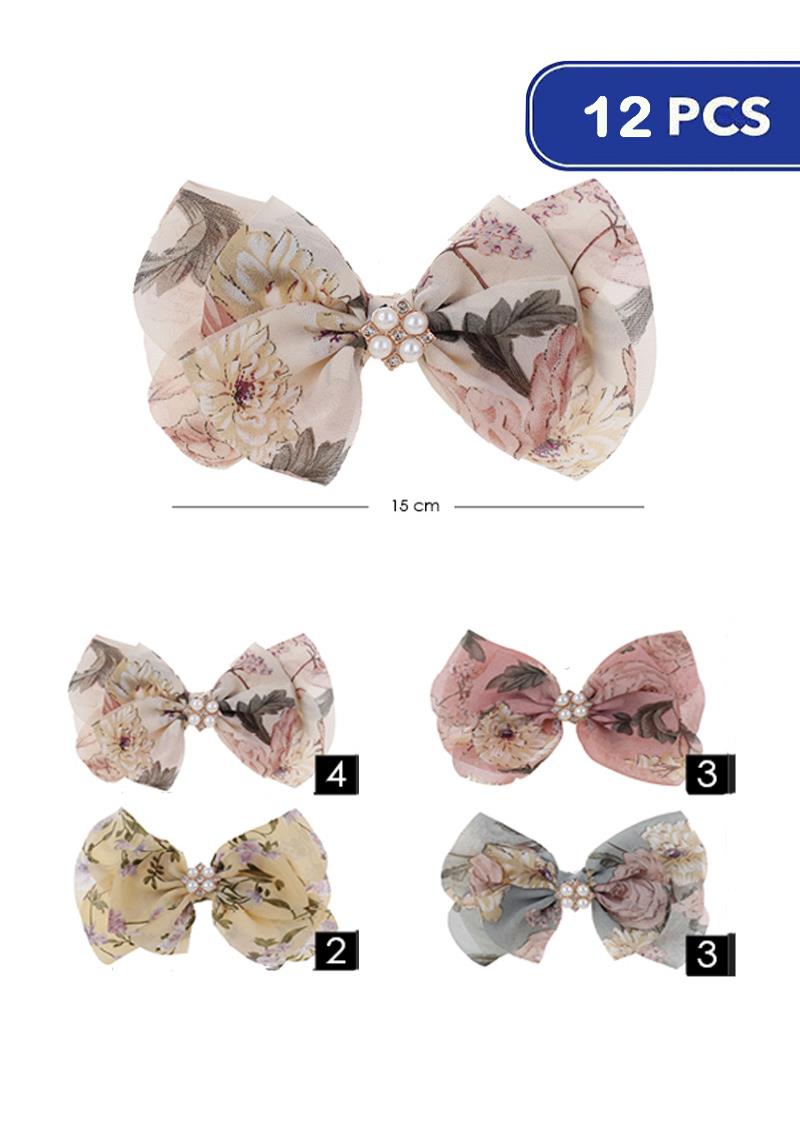 FASHION FLOWER RIBBON HAIR BOW PIN (12 UNITS)