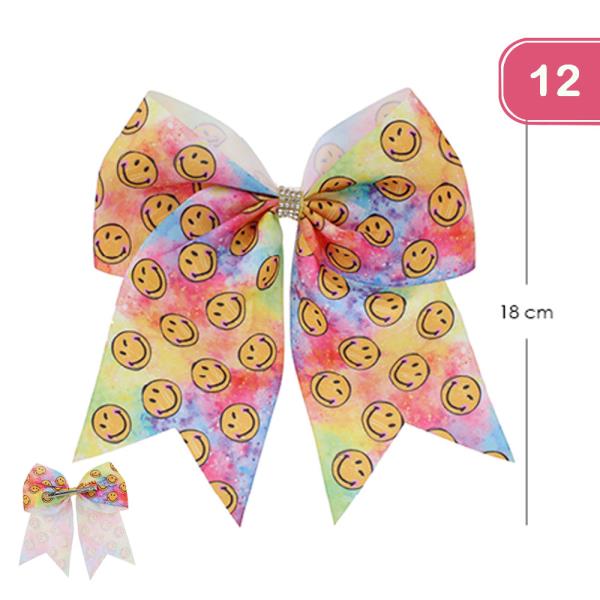 HAPPY FACE PRINT HAIR BOW PIN (12 UNITS)