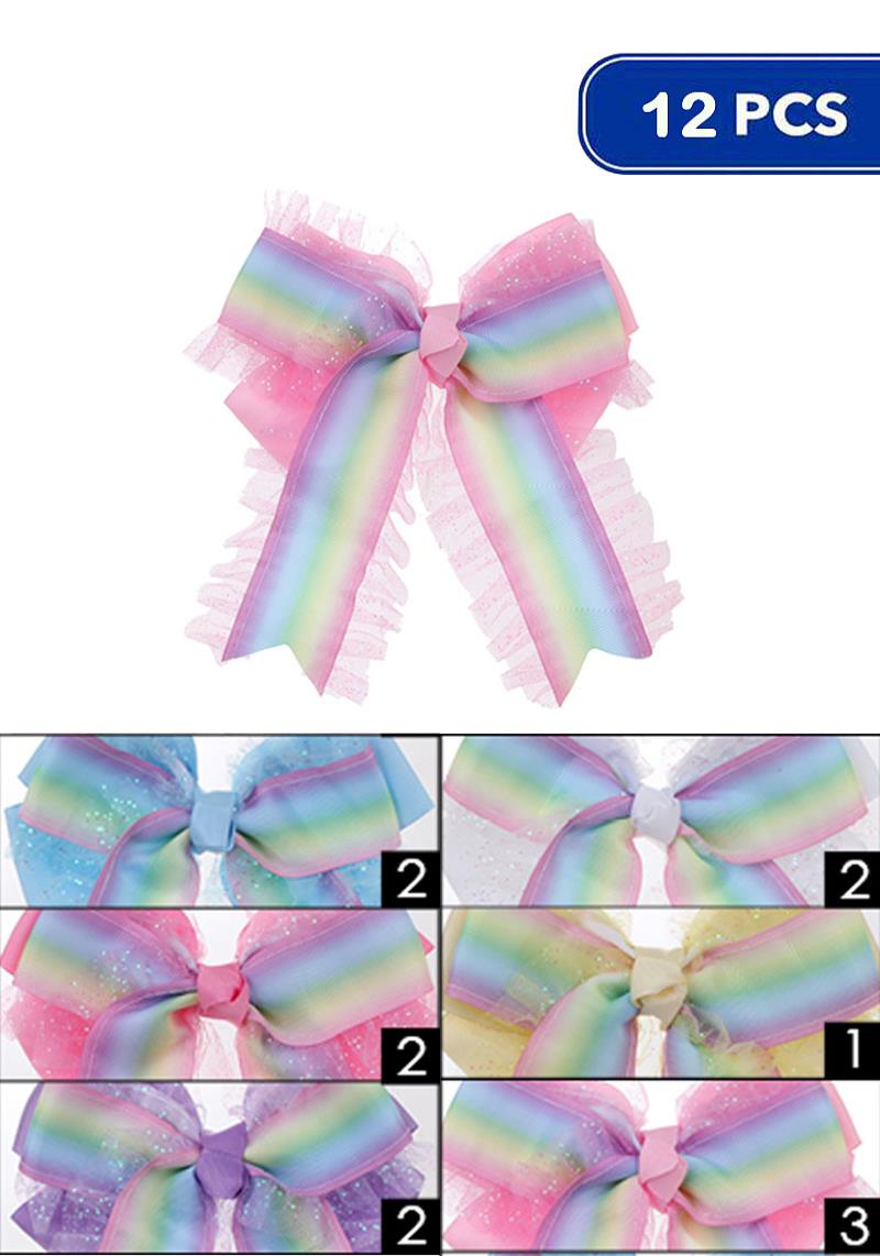 RAINBOW COLOR SPARKLING HAIR BOW TIE SET 12 PCS