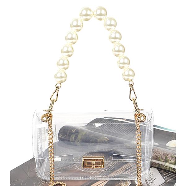 TRANSPARENT WITH PEARL HANDLE CHAIN CROSSBODY BAG
