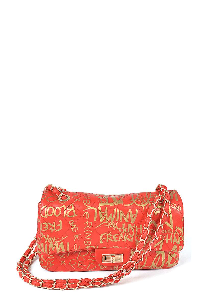 METALLIC LETTER PRINT QUILTED BAG