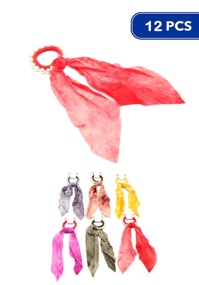 FASHION PEARL TIE DYE TASSEL HAIR TIE SCRUNCHIES 12 PC