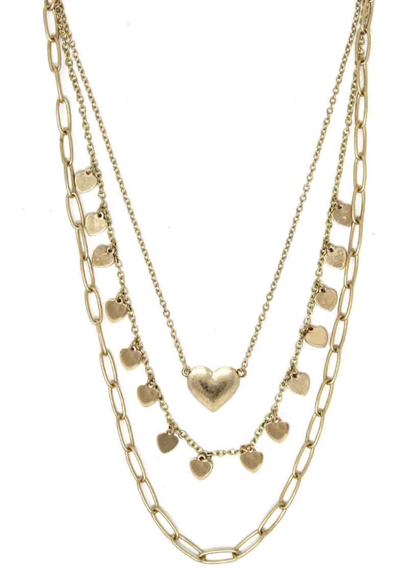 3 LAYERED METAL CHAIN HEART PENDANT NECKLACE