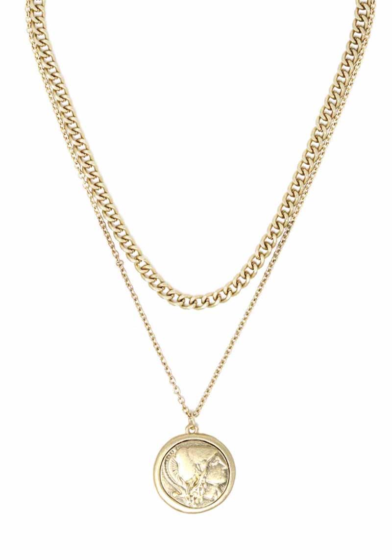 2 LAYERED METAL CHAIN COIN PENDANT NECKLACE
