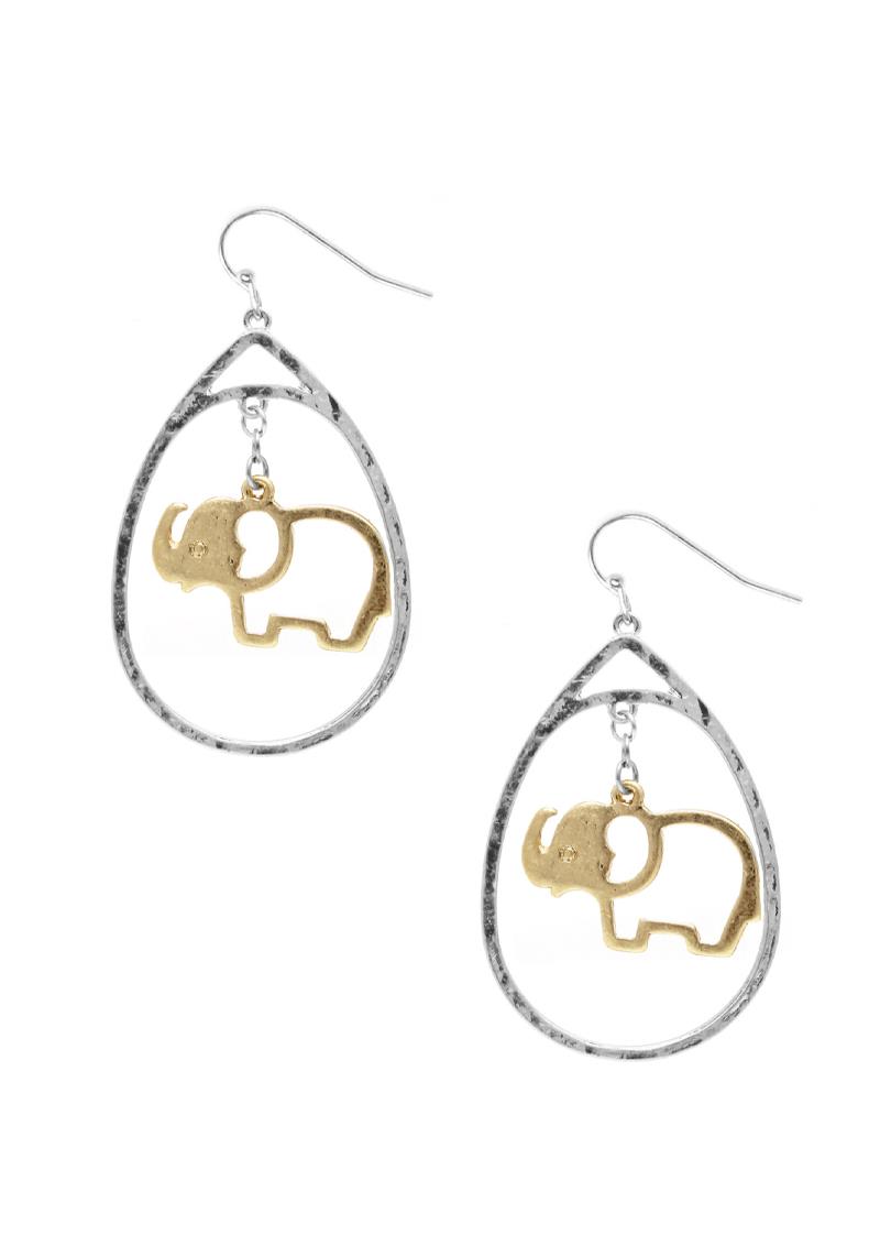 METAL TEARDROP ELEPHANT DANGLE EARRING