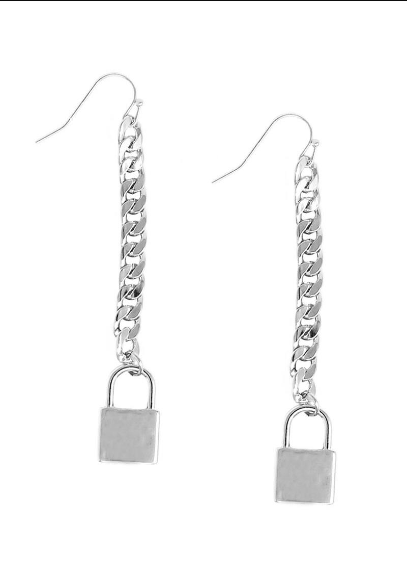 METAL DROP CHAIN LOCK DANGLE EARRING
