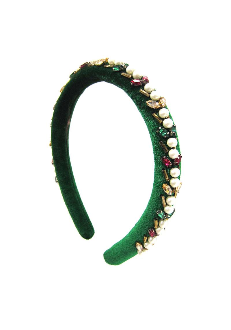 COLOR STONE PEARL EMBROIDERED VELVET HEADBAND