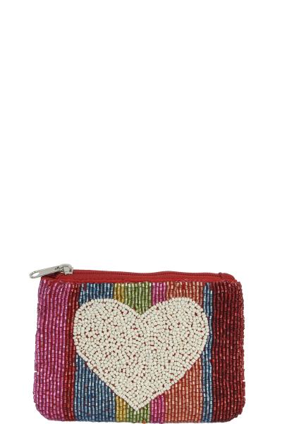 MULTI COLOR STRIPE HEART SEED BEAD ZIPPER BAG