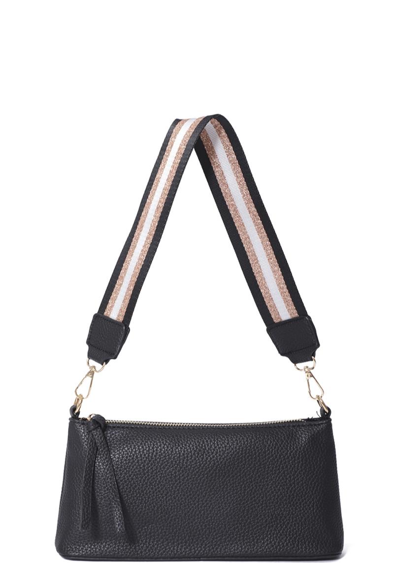 PLAIN SMOOTH ZIPPER WITH STRIPE SHOULDER STRAP BAG