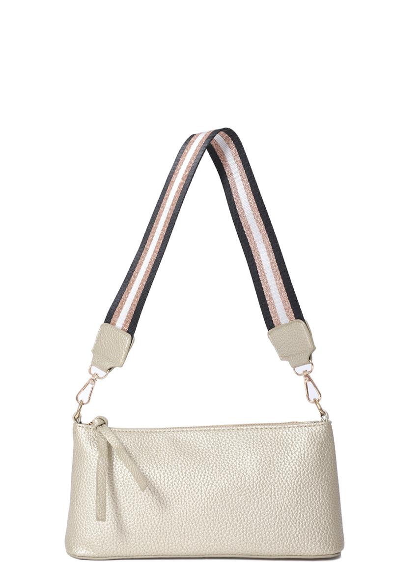 PLAIN SMOOTH ZIPPER WITH STRIPE SHOULDER STRAP BAG