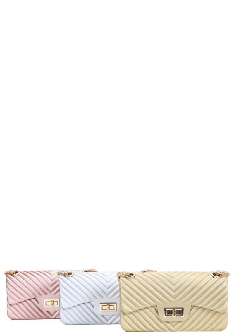 V SMOOTH TEXTURE DESIGN METAL CHAIN CROSSBODY BAG