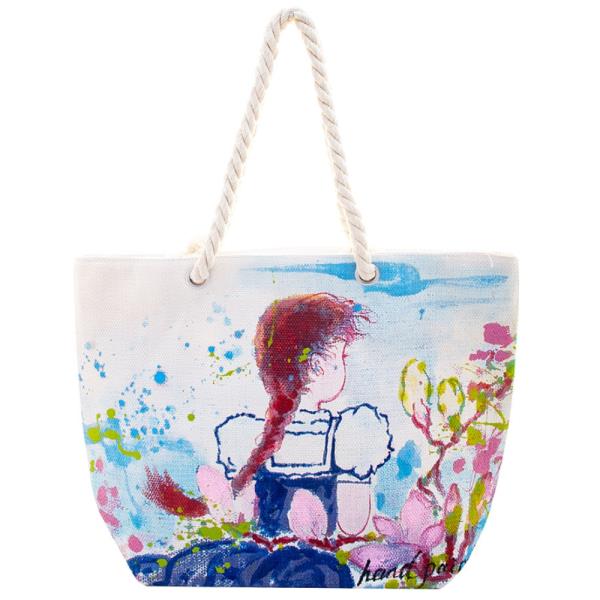 WANDERING GIRL HAND PAINTED ROPE HANDLE STRAP TOTE BAG