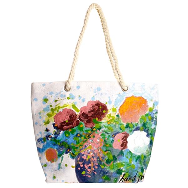 FLOWER HAND PAINTED ROPE HANDLE STRAP TOTE BAG