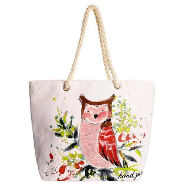 OWL HAND PAINTED ROPE HANDLE STRAP TOTE BAG