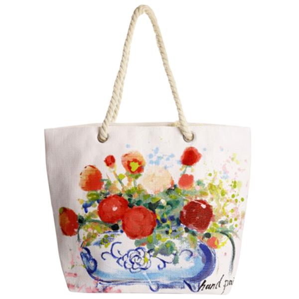 FLOWER VASE HAND PAINTED ROPE HANDLE STRAP TOTE BAG