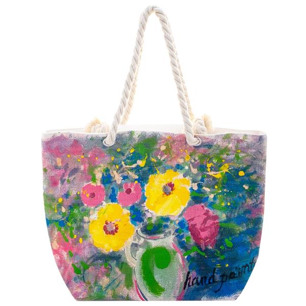 FLOWER HAND PAINTED ROPE HANDLE STRAP TOTE BAG