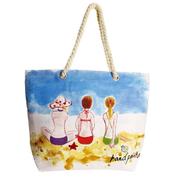 THREE FRIENDS ON THE BEACH HAND PAINTED ROPE HANDLE STRAP TOTE BAG