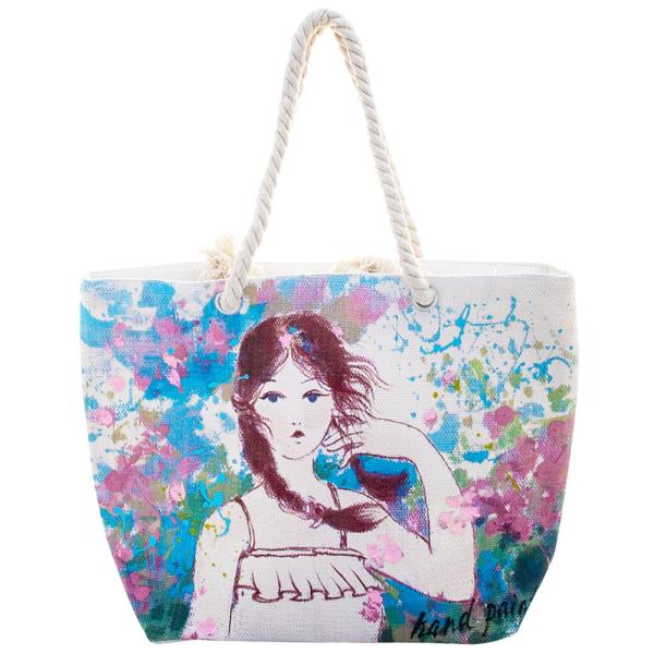 GIRL WITH FLOWERS HAND PAINTED ROPE HANDLE STRAP TOTE BAG