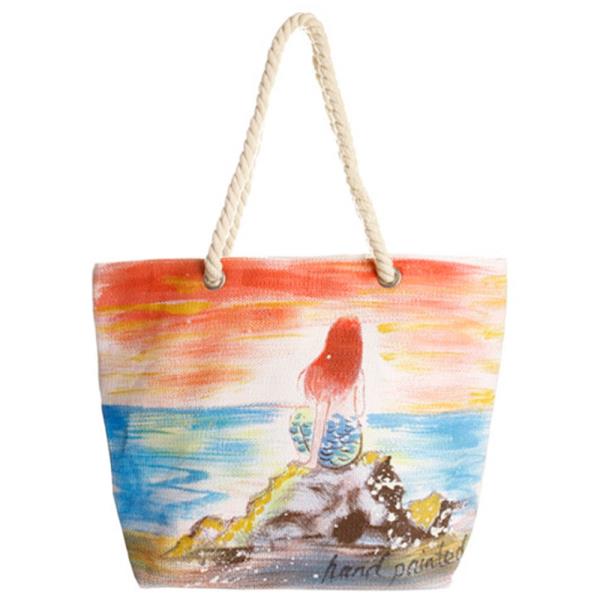 MERMAID HAND PAINTED ROPE HANDLE STRAP TOTE BAG