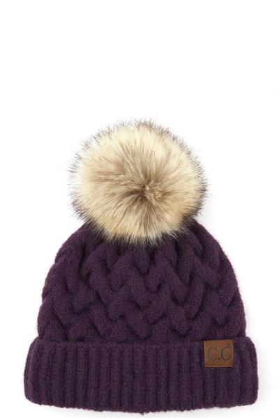 CC HAT CHUNKY BRAID CABLE PATTERN HAT WITH NATURAL POM