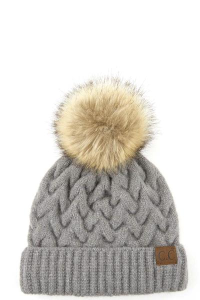 CC HAT CHUNKY BRAID CABLE PATTERN HAT WITH NATURAL POM