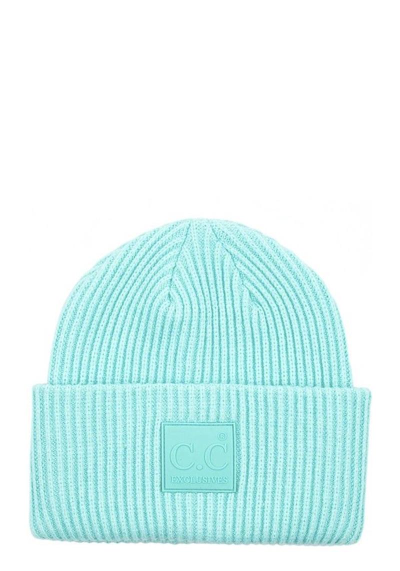 CC SOLID RIBBED KNIT BEANIE WITH RUBBER PATCH
