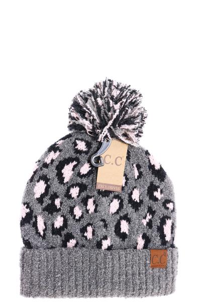 CC LEOPARD KNIT BEANIE WITH KNIT POM