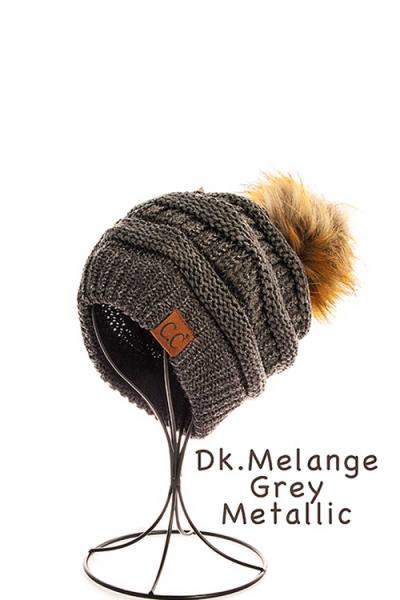 CC Metalic Faux Fur Pom Pom Beanie