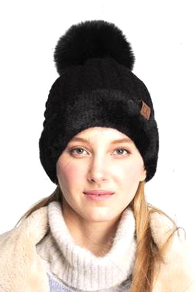 CABLE FAUX FUR KNITTED CUFF AND POM BEANIE