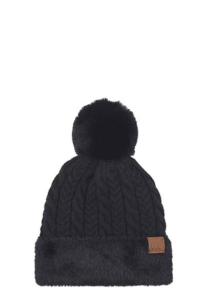 CABLE FAUX FUR KNITTED CUFF AND POM BEANIE