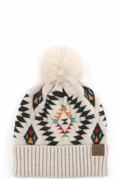 CC AZTEC PATTERN HAT WITH SOFT FAUX POM