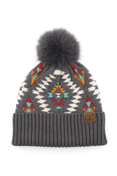CC AZTEC PATTERN HAT WITH SOFT FAUX POM