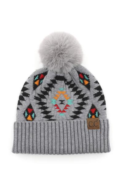 CC AZTEC PATTERN HAT WITH SOFT FAUX POM