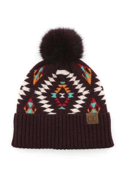 CC AZTEC PATTERN HAT WITH SOFT FAUX POM