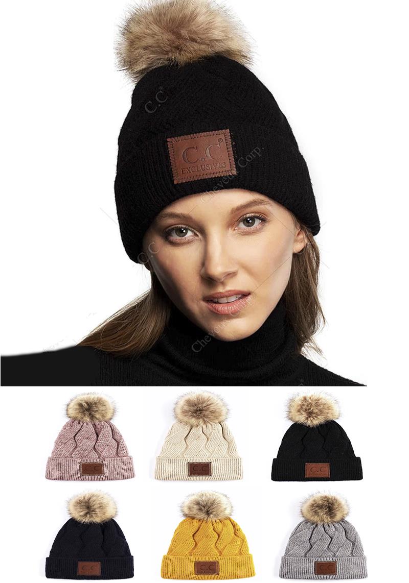 CC GEOMETRIC CABLE BEANIE HAT WITH POM