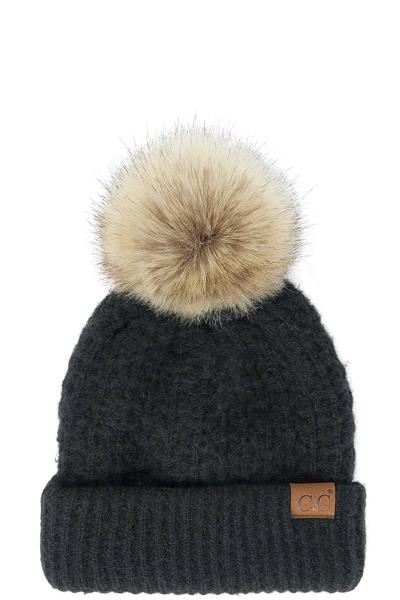 CC HAT SMOCKED STITCH PATTERN BEANIE WITH POM
