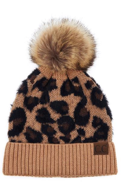 CC LEOPARD PATTERN WITH POM POM BEANIE