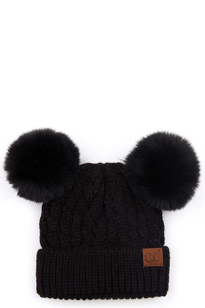 CC DOUBLE POM POM CABLE PATTERN BEANIE HAT